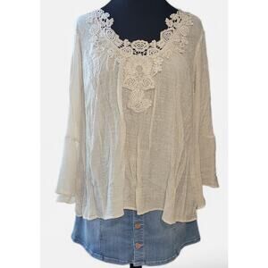 Zac & Rachel Beige Pullover Lace Cutout Embellished Flow Top XL Peasant Blouse